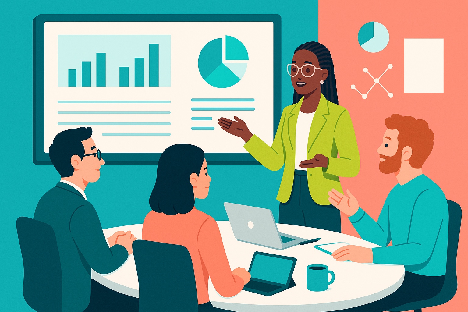 Illustration of a team reviewing a business plan